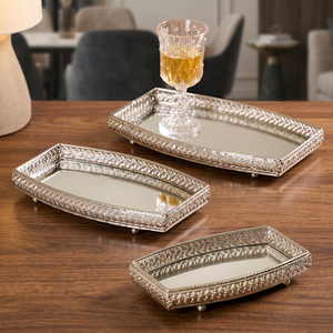 Elegant Polished Metal Serving Trays With Geometric Pattern <b>Rectangular</b> <b>Mirror</b> Top Residential Use - Product Image 4