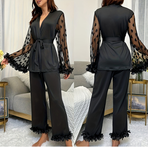 Conjunto de Bata de Lujo con Cinturón de Seda para Mujer, Conjunto de <span class=keywords><strong>Pijama</strong></span> de Encaje Transparente, Manga con Volantes, Apertura, 2 Piezas, Invierno, 2025, 2017 - Product Image 3