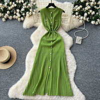 Robe midi élégante en maille côtelée sans manches Joydressing pour femme, boutonnée, texture côtelée, vente en gros, personnalisable