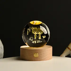 3D Laser Engraved Crystal Ball With Elegant Beechwood Light Base - Exquisite Art Piece For Home And Office Decor