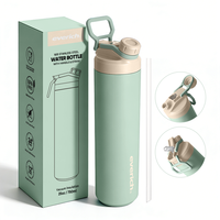 Bouteille d'eau à double paroi en acier inoxydable à double usage avec couvercle rabattable et paille, bouteille isotherme sous vide, sans BPA, sûre