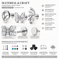 Vente en gros de bijoux de piercing pour cartilage pour enfants en titane F136 à dos plat, modèles labret, clous, zircon, aile de papillon, motif vigne, étoile