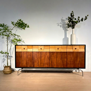 Premium Mid Century Modern Solid Wood <b>Sideboard</b> Large <b>Storage</b> Vintage Walnut Credenza With Metal Legs Retro Buffet Cabinet - Product Image 1