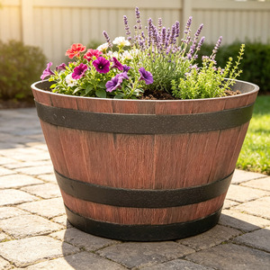 Vasi per Fiori a Forma di Mezza Barile di Grande Capacità, Stile Rustico Fattoria, Contenitori in Finto Legno per Uso Interno ed Esterno - Product Image 3