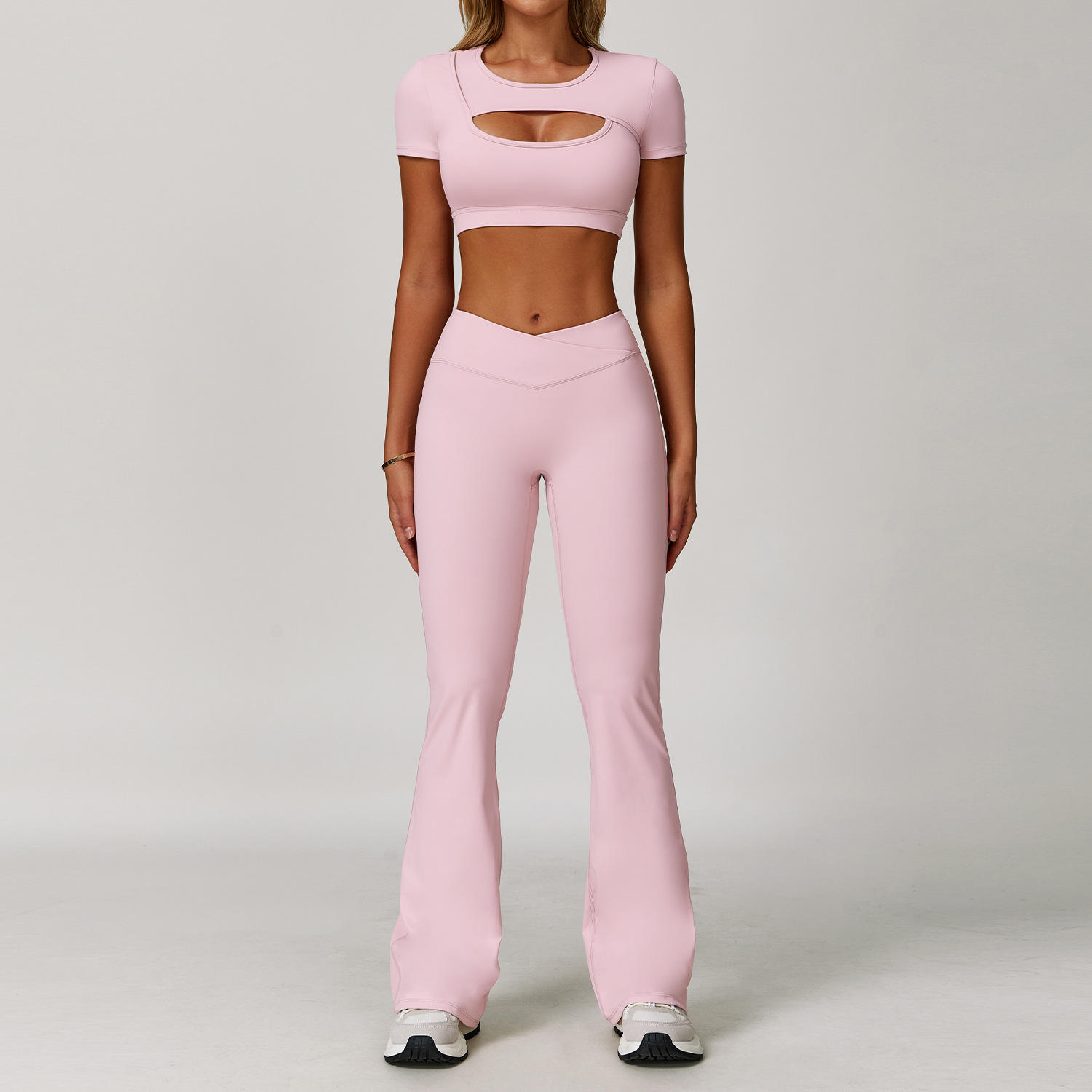 Women 2 Piece Set Short Sleeves Cropped Scrunch Butt Flared Pant High Waist Legging Athletic Outfit Gym Wear Training Yoga Set