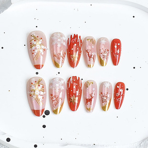 Faux ongles de Noël à presser, amande, effet œil de chat, feuille d'or, motif flocon de neige et cerf, réutilisables, festifs - Product Image 1