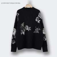 Pull-over pour femme en maille plate OEM&ODM, broderie florale de luxe avec perles et sequins, style artistique haut de gamme, faible MOQ