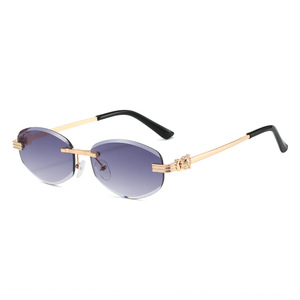 <b>Rimless</b> Oval <b>Sunglasses</b> Gold Frame Black Lenses UV400 Protection Unisex Adult Style - Product Image 2