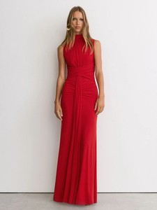 Vestido Largo Rojo sin Mangas con Cuello Alto para Mujer, Diseño Cruzado con Cintura Fruncida, Vestido de Noche Formal para Invitadas de Boda y Fiestas - Product Image 1