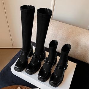 Botas de media pantorrilla ajustadas, modernas y versátiles para mujer, para otoño e invierno, con tacones gruesos. - Product Image 2