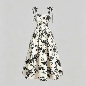Robe midi élégante pour <span class=keywords><strong>femme</strong></span>, style vintage, imprimé floral, dentelle, sans manches, taille haute, coupe ajustée, tissu tissé, pour l'été, les fêtes et <span class=keywords><strong>la</strong></span> <span class=keywords><strong>plage</strong></span> - Product Image 1