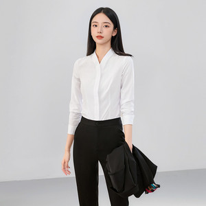 White V-Neck Long Sleeve Shirt Women 80% Cotton Solid Color Professional Workwear For Office Job Interview Formal Wear - Product Image 3