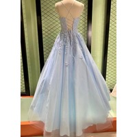 Gaun Prom Bordir Aplikasi Renda Pola Kupu-kupu Biru Muda Grosir 2025 2026 Dengan Tulle dan Tali di Belakang Model Ball Gown