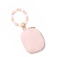 Dompet Koin Mini Setengah Bulan Warna Solid Bahan Kulit PU dengan Ritsleting, Gantungan Kunci Gelang Manik-Manik Silikon, Dompet Kartu Wanita
