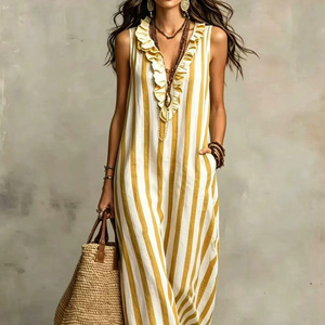 Vestido Largo Bohemio Nuevo de Primavera/Verano 2026 sin Mangas de Lino con Rayas Estampadas Estilo Europeo Americano para Sitios Independientes - Product Image 3