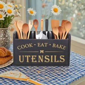 Boîte à couverts en bois rustique à 3 compartiments, support pour ustensiles de cuisine, rangement pour fourchettes, cuillères, spatules - Product Image 2