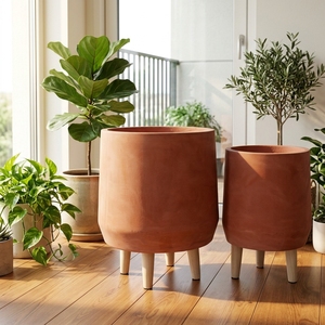 Jardinière au sol <span class=keywords><strong>en</strong></span> fibre de verre, style nordique moderne et minimaliste, avec pieds <span class=keywords><strong>en</strong></span> <span class=keywords><strong>bois</strong></span>, grand pot à fleurs avec trou de drainage pour la décoration de la maison et du jardin - Product Image 4