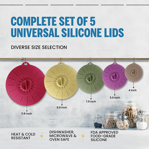 Soldes B2B : Lot de 5 couvercles à ventouse en silicone réutilisables, 5 tailles, qualité alimentaire, écologiques, pour casseroles, poêles et conservation des aliments - Product Image 2