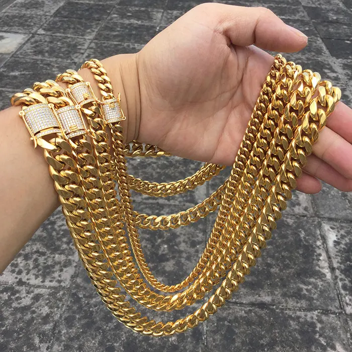 Fully Bling Iced Out CZ Snap Clasp 6-18mm 316L Stainless Steel Miami 18k Gold Plated Cuban Link Chain Necklace