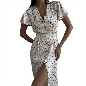 Vestido Midi Floral Casual Elegante de Verano 2024 con Cintura Imperio, Cuello en V, Botones y Cinturón, de Manga Corta Tejida - Product Image 2