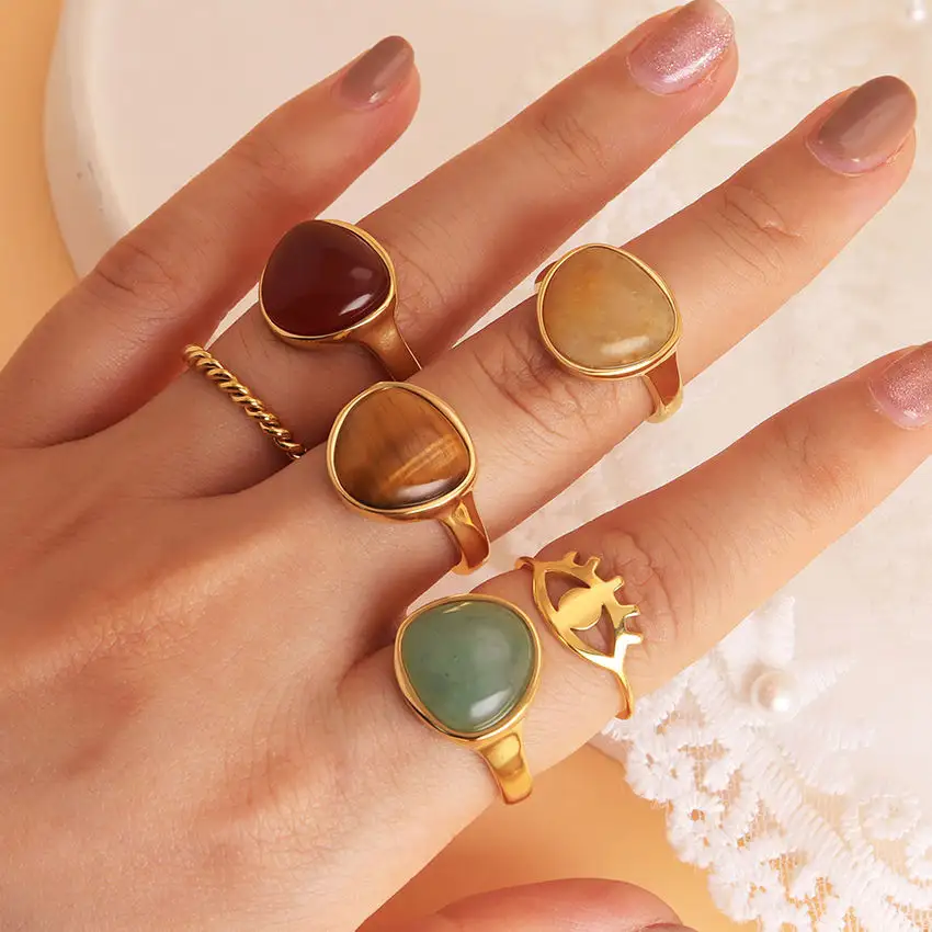 Waterproof Jewelry Ring Onyx Carnelian Colored Stone Ring Gold Plated Stainless Steel Retro Fashion Irregular Natural 18K CN;GUA