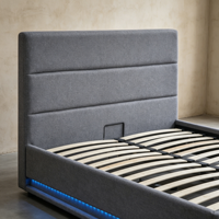 Cadre de lit moderne rembourré en lin avec vérin à gaz, éclairage d'ambiance LED et sommier à lattes, disponible en tailles King et Queen, mobilier de chambre