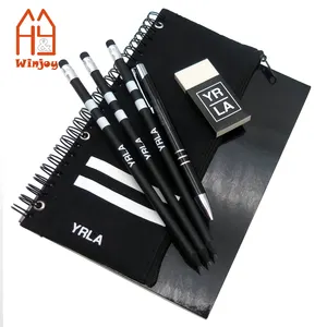 OEM Stationery gift sets for Student,personalized cheap funny stationery products black wooden pencil eraser pen and notebook