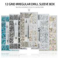 21 compartiments/boîte de charms en strass pour nail art, forme diamant à fond plat, motifs irréguliers, assortiment de strass