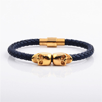 Bracelet en cuir tressé noir double crâne pour homme, fermoir magnétique en acier inoxydable or rose, style punk gothique, bijoux OEM en gros