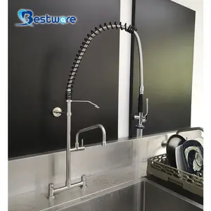 Modern Restaurant Kitchen Faucet Deck Mount High Pressure Stainless Steel Professional Commercial with Dual Handle Pull Spray