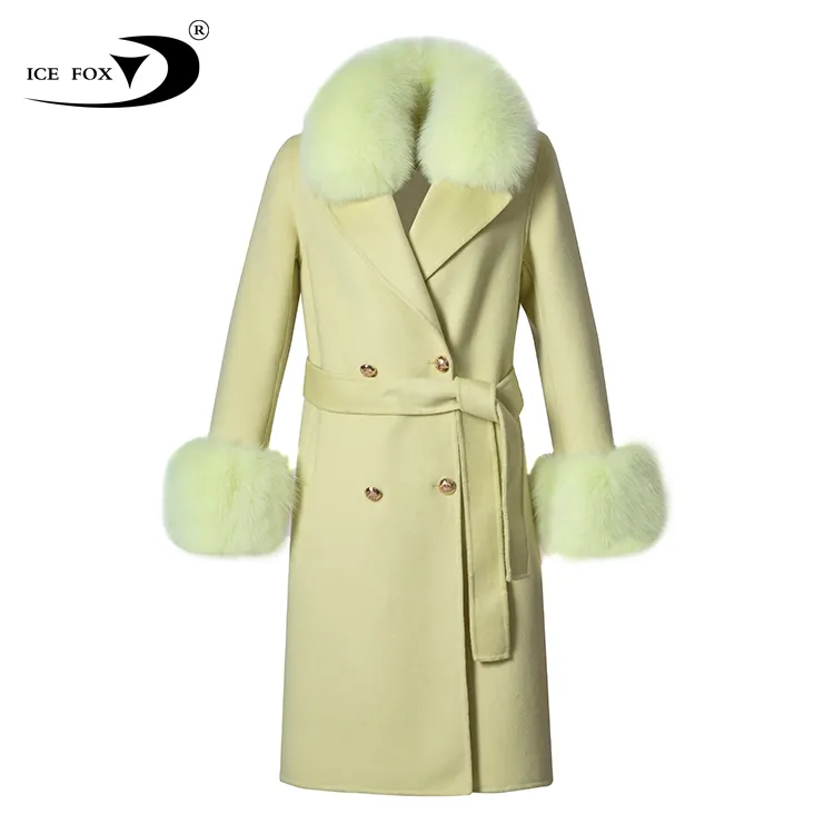 Ropa de invierno para mujer, abrigos con capucha de piel de lana 2022 auténtica con cinturón, abrigo de piel de zorro Natural, abrigo de lana de Cachemira