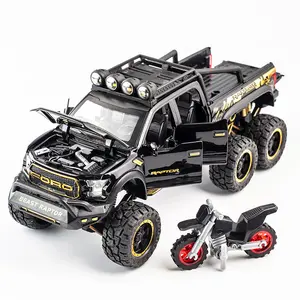 1:24 Ford Raptor F150 Die Cast Mainan Mobil, Truk Logam Off-Road Roda Besar 6X6 Tarik Belakang 22Cm untuk Anak-anak dengan Suara/Lampu