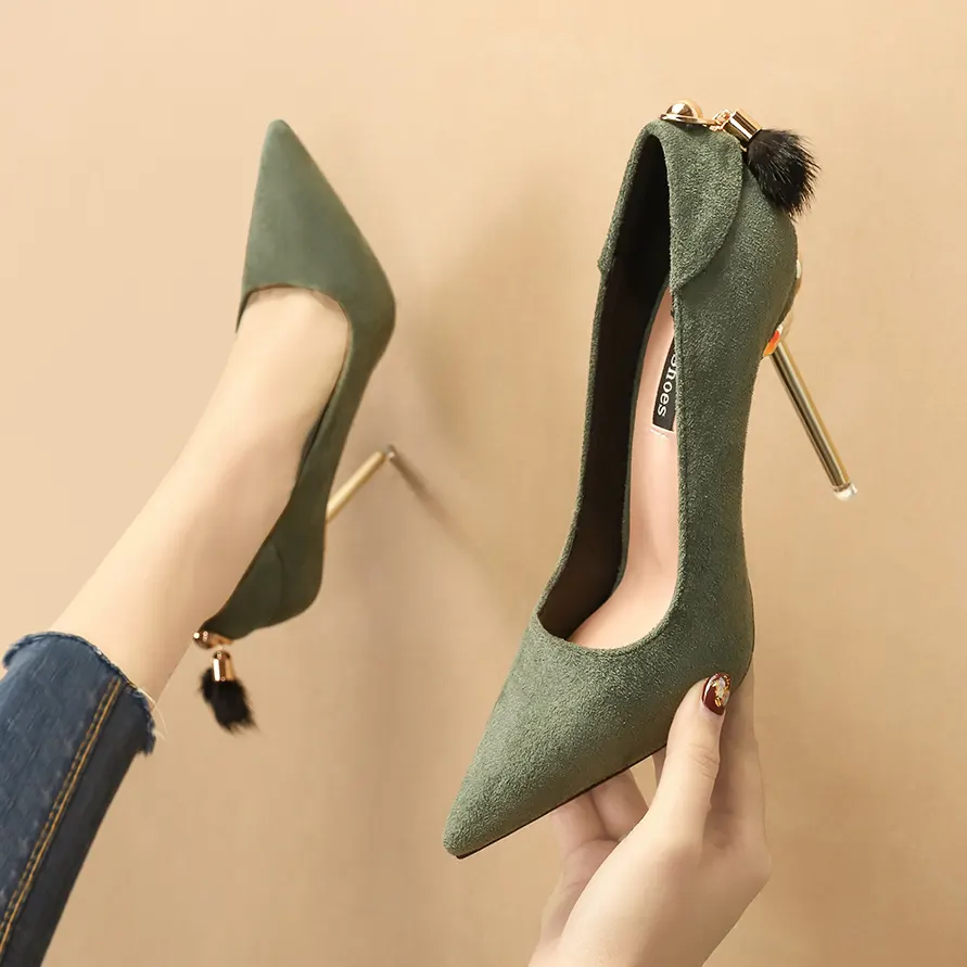 Wholesale custom fashion sexy pointed shallow metal thin heel cheap women high heels shoes