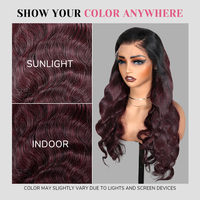 Perruques sans colle T1B/99J Ombre Body Wave en cheveux humains, perruque à dentelle frontale avec raie libre, coupe professionnelle en couches et couleur bordeaux vibrante
