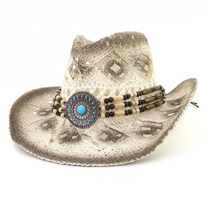 Sombrero de paja de <span class=keywords><strong>vaquero</strong></span> occidental con flores tejidas a mano sombrero de paja de papel Fedora de Jazz tejido a mano - Product Image 2