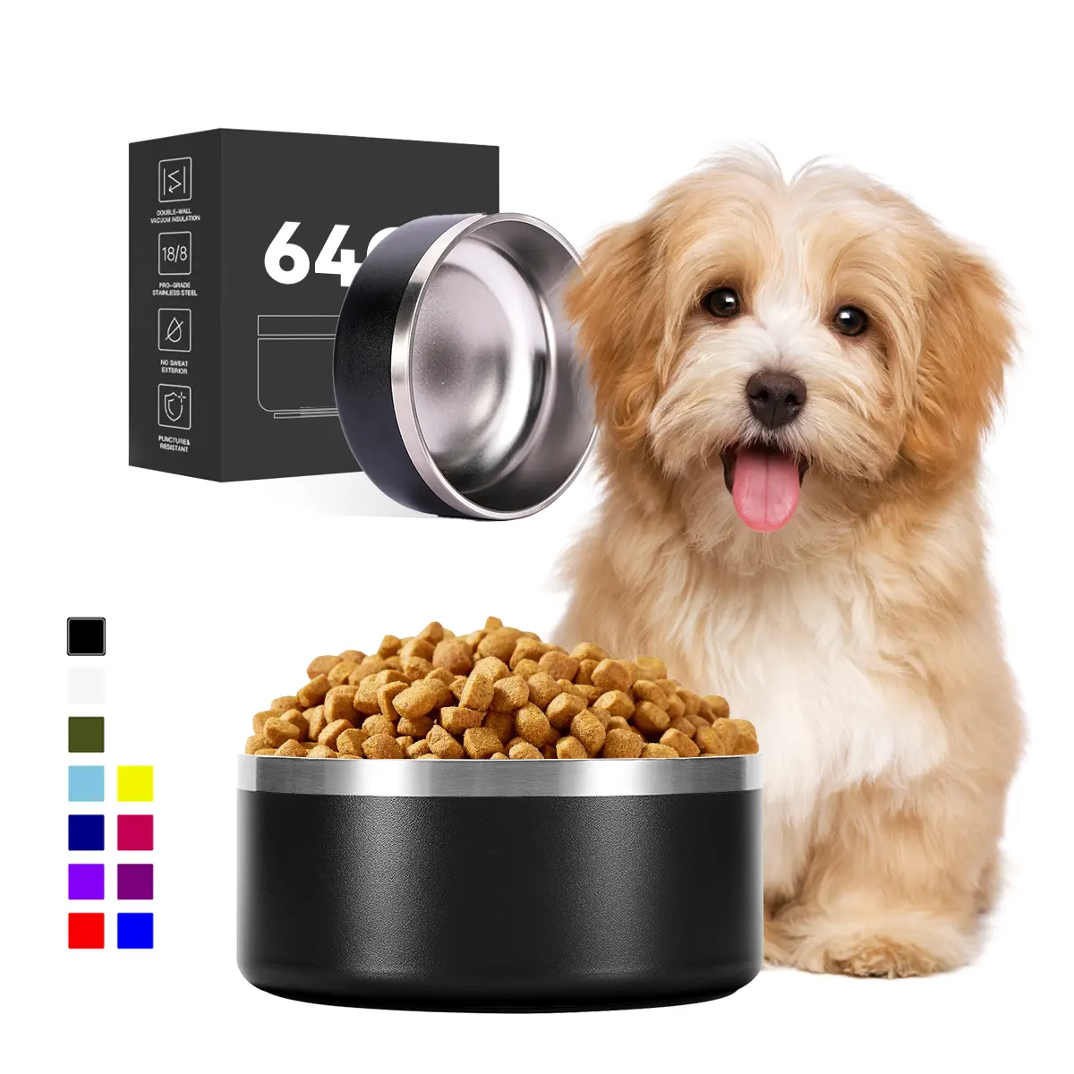 Cuencos para perros de acero inoxidable de 32oz y 64oz, cuenco de Metal antideslizante para mascotas para comida y agua, comedero aislado de doble pared para mascotas