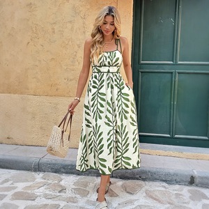 Vestido Largo de Verano 2026, Estilo Playero, Transparente, con Cintura Ajustada y Estampado de Hojas Verdes, Vestido Informal - Product Image 1