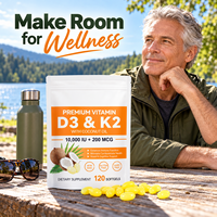 Acentiallabs OEM ODM Capsules personnalisées de Vitamine D3 K2 10000UI 200mcg à l'huile de coco, antioxydant, pour la santé cardiaque, le soutien immunitaire et osseux, 120 gélules
