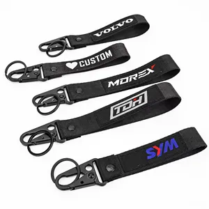 Porte-clés lanière mousqueton à logo brodé en nylon personnalisé bon marché bracelet court pour porte-clés anneaux porte-clés moto voiture