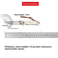 Draagbaar opvouwbaar kampeermes voor buitengebruik, hoge hardheid Damascus staal, gekarteld lemmet, handvat van runderbeen, 16,5 cm, fruitmes