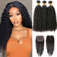 Paket Rambut Bundel Grosir dengan Closure 4*4, Rambut Keriting Alami Warna Natural, Paket Rambut Bundel Brasil Murah untuk Wanita Kulit Hitam