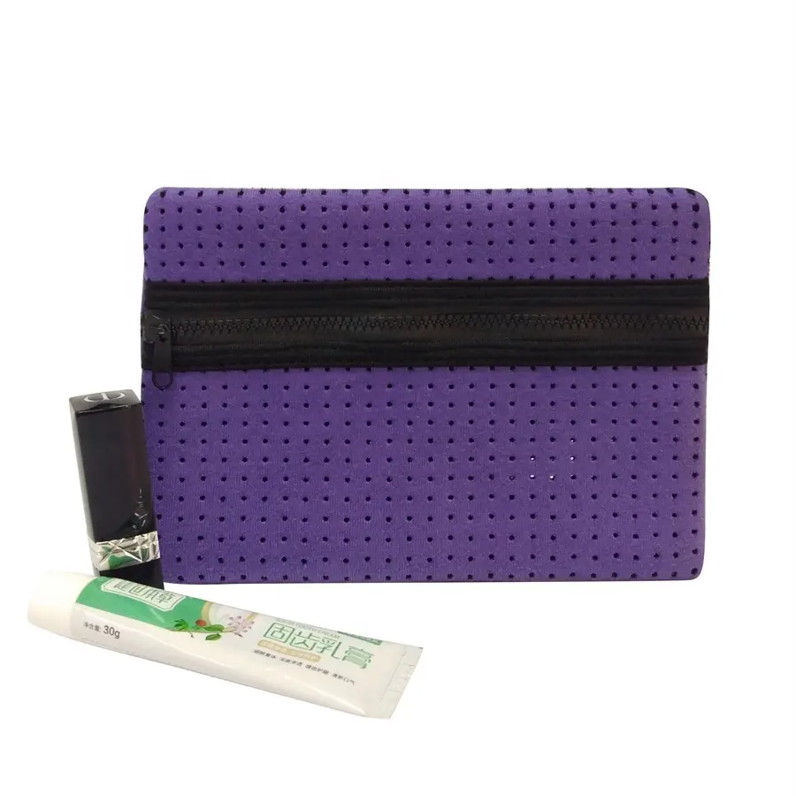 Saco perfurado da composição do neopreno para o preço de fábrica da mulher Purple Color Waterproof Zipper Pouch Customized Logo OEM Fashion 200pcs cosmetic bags