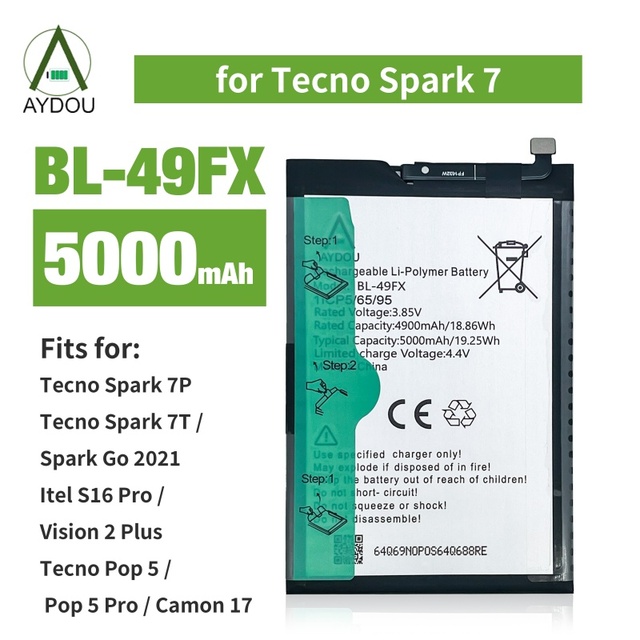 OEM Manufactur Rechargeable Li-ion Mobile Phone Battery BL-49FX Tecno Spark 5000mAh 3.75V 12-Month Warranty ROHS Certified Stock