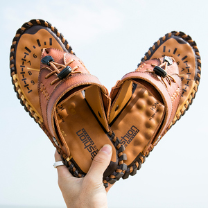 <strong>Men's</strong> Custom Logo <strong>Leather</strong> Sandals Waterproof Summer Garden <strong>Clogs</strong> with Pattern for Hiking - Product Image 1