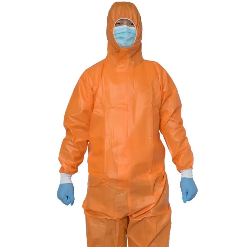 Setelan pengaman oranye dengan tudung elastis pergelangan kaki manset elastis pakaian tahan air Tiongkok Microporous PP tipe 3 4 overall sekali pakai