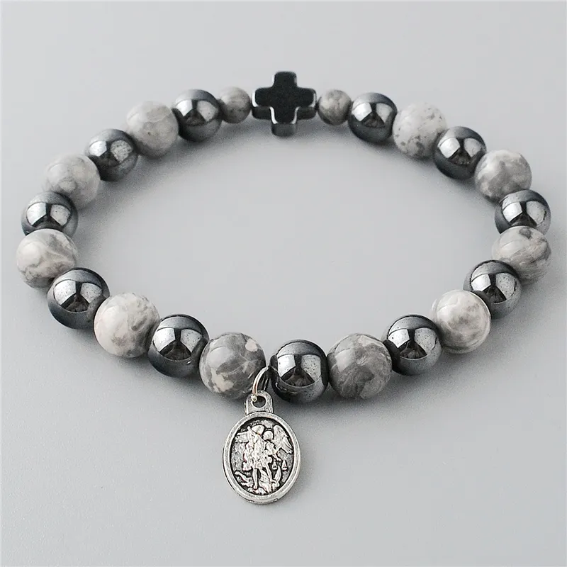 Religiöse Gegenstände katholischer Rosenkranz 8mm Hämatit perlen mit 8mm Edelstein perlen Armband mit Mini-Kreuz auf Gummiband