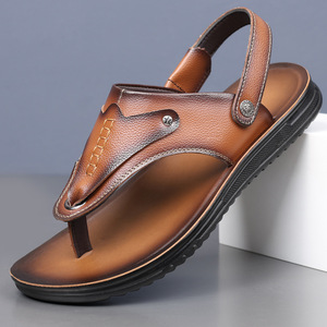 Men's Leather Sandals Open Toe PU Outsole Summer Beach <b>Slides</b> Slip-On Casual Shoes - Product Image 1