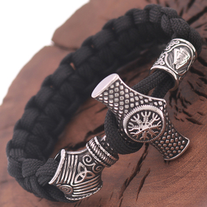 Moda de lujo vikingo nórdico Acero inoxidable brújula cuenta cuerda trenzada Thor Mjolnir martillo Paracord pulsera <span class=keywords><strong>para</strong></span> hombre - Product Image 4