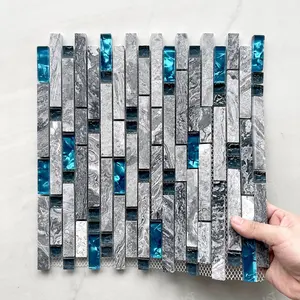 Home Building Strip Blau Grau Welle Interlocking Pattern Glas Marmor Backs plash Mosaik fliese
