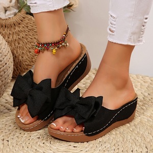 Plus Size Summer Wedge <b>Slippers</b> for Outdoor Wear Fashionable Bow Thick Sole One-strap PU Upper New Fish Mouth Sandals Women sand - Product Image 6